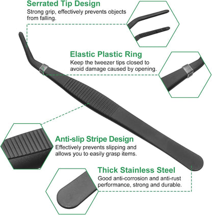 HARFINGTON Stainless Steel Tweezers 4.9 Inch Precision Tweezers with Curved Serrated Tip Multi-Purpose Kitchen Tongs for Cooking Gardening Repairing Craft, Black