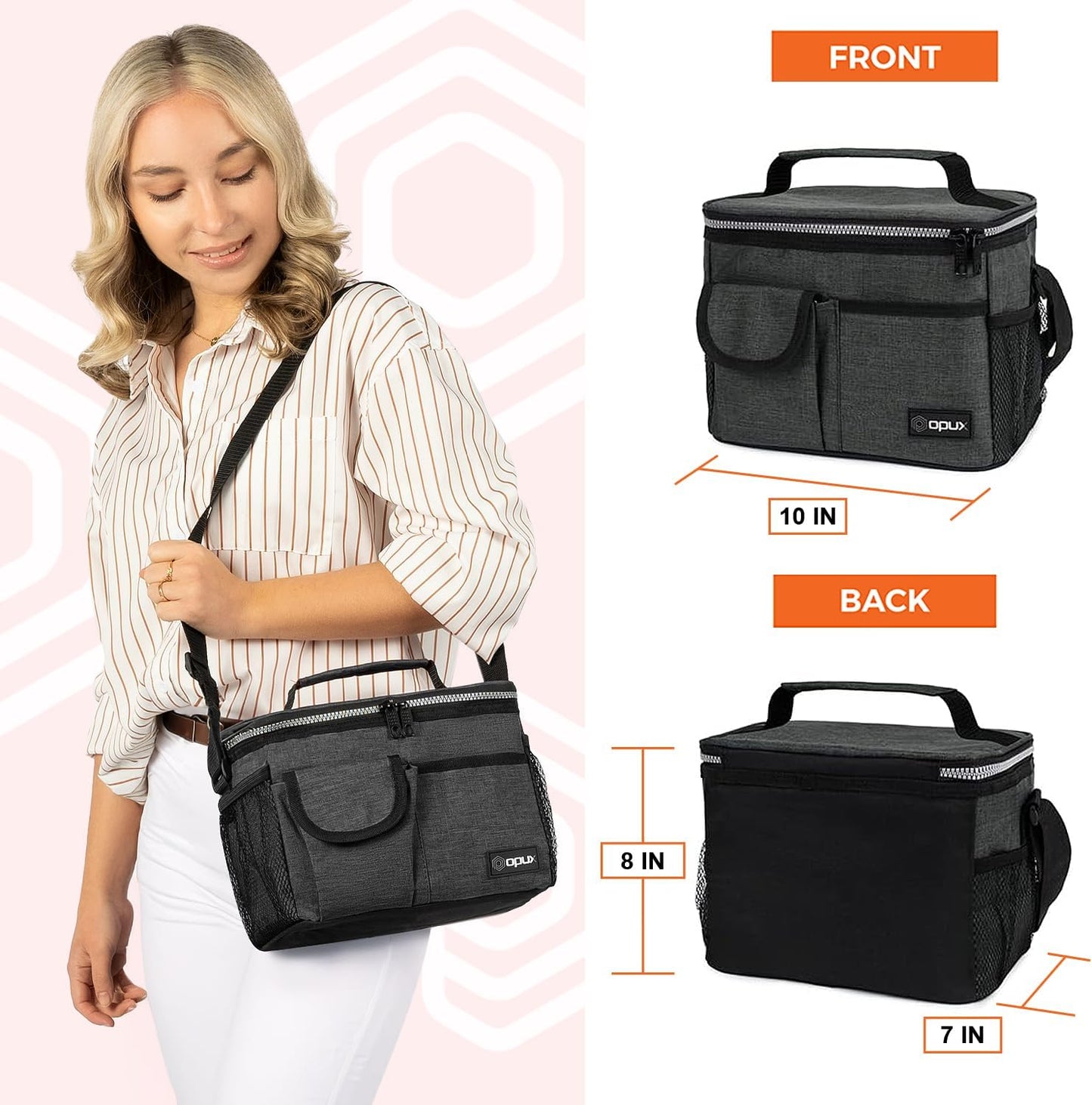 opux Insulated Lunch Bag for Men Women, Leakproof Black Lunch Box for Work, Portable Soft Lunch Cooler Bag with Shoulder Strap, Adult Lunchbox Lunch Pail for Kid Boy Girl School, 14 Can/8L