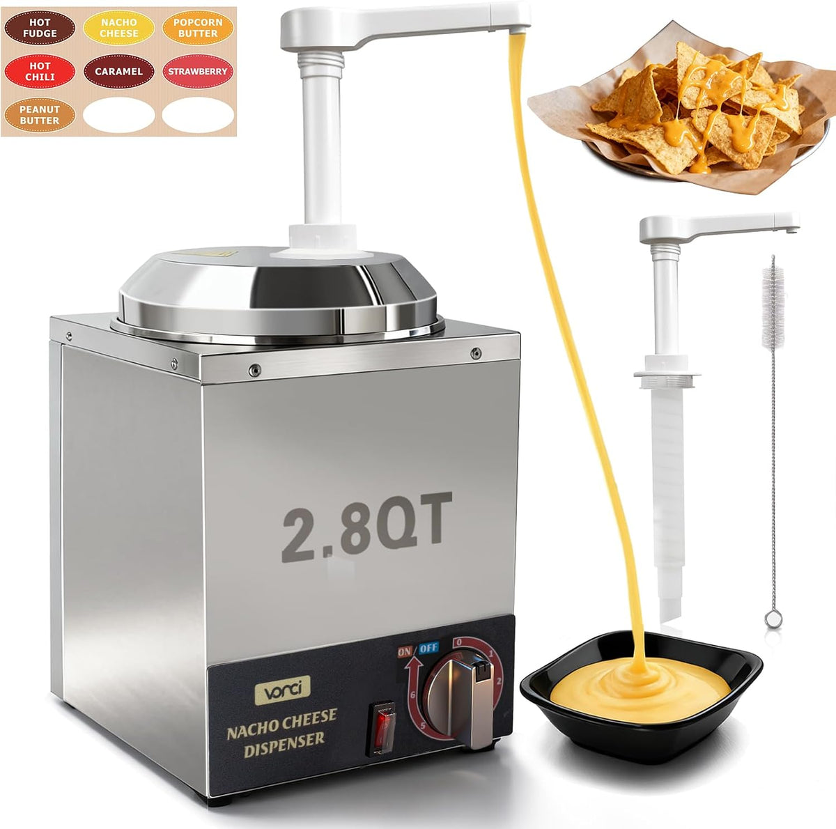 VONCI Nacho Cheese Dispenser, 2.8 Qt（2.5L） Nacho Cheese Warmer with Plastic Pump, Hot Fudge Dispenser with 6-Level Temperature Adjustment, Commercial Cheese Dispenser for Hot Fudge Cheese Caramel