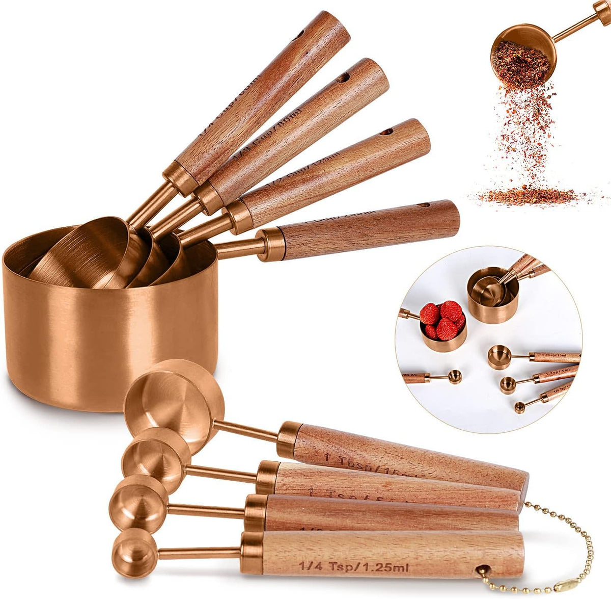 Collection 8 Piece Gold Measuring Cups Set and Measuring Spoons, Golden With fragrant wood Handles-Complete Set of Measure Cups and Spoons For Cooking and Baking.…