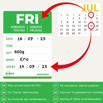 Avery Removable, Hand Writable, Detailed Food Day Labels, Strong Adhesive, 40 x 56 mm, Sunday, Black, 500 Labels, Preprinted Design (DLDSUNREV-500)