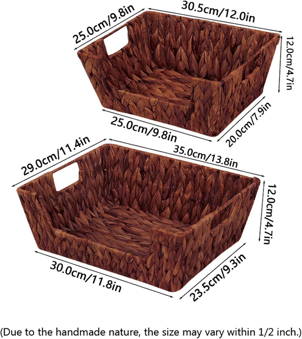 Wicker Basket for Pantry, Open Front Storage Baskets with Built-in Handles,Water Hyacinth Bins for Shelves, Brown, 2-Pack