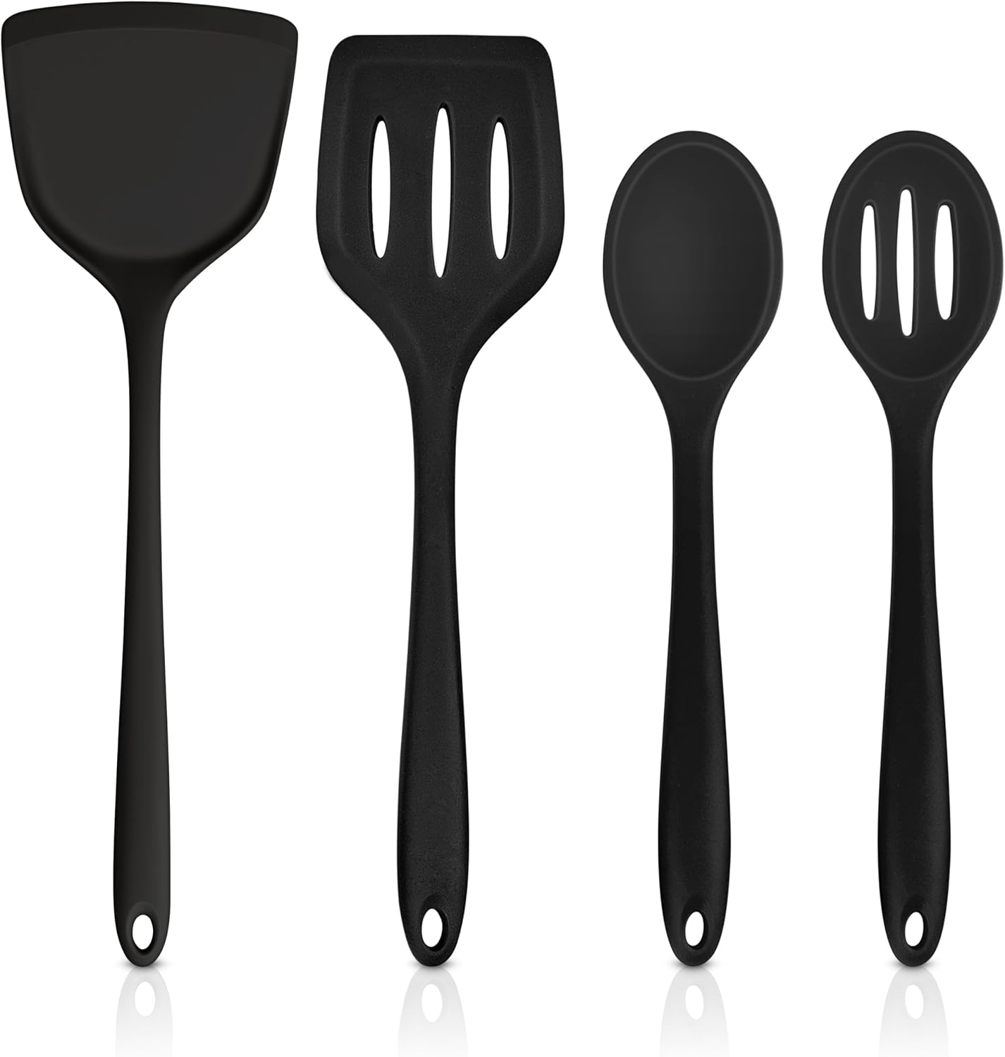 TeamFar Silicone Cooking Utensils, 4pcs Kitchen Utensils Set with Silicone Spatulas & Spoons, Heat-Resistant Solid & Slotted Cooking Spoons Turners for Non-stick Cookware, Dishwasher Safe, Black