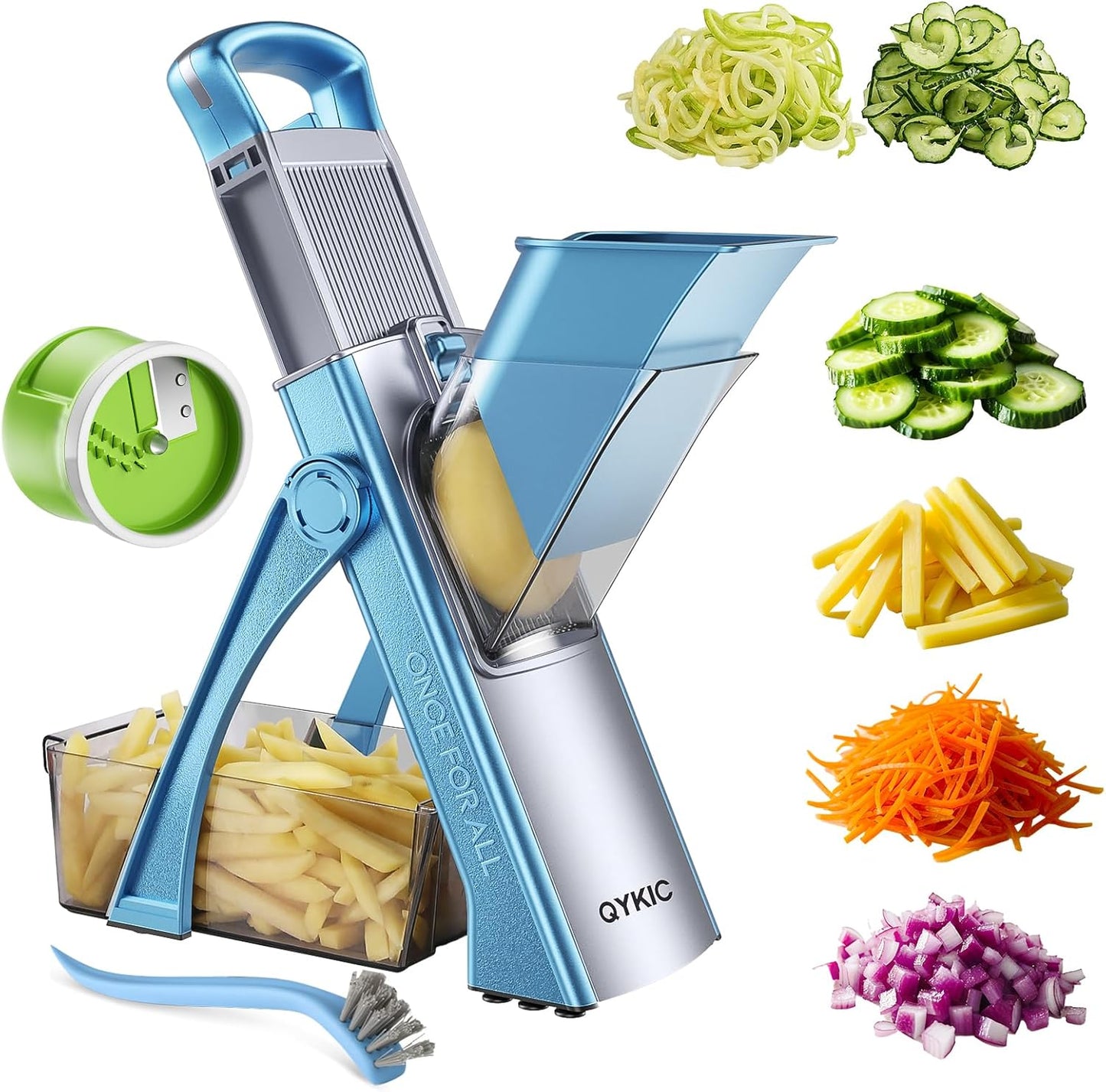 8 in 1 Mandoline Slicer for Kitchen, Vegetable Chopper, Potato Slicer, Fry Cutter Onion Chopper with Drain Basket Food Container with Lid, Stainless Steel Cheese Grater for Quick Meal Pre (Black)
