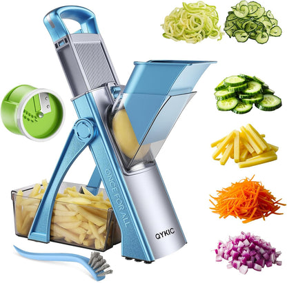 8 in 1 Mandoline Slicer for Kitchen, Vegetable Chopper, Potato Slicer, Fry Cutter Onion Chopper with Drain Basket Food Container with Lid, Stainless Steel Cheese Grater for Quick Meal Pre (Black)