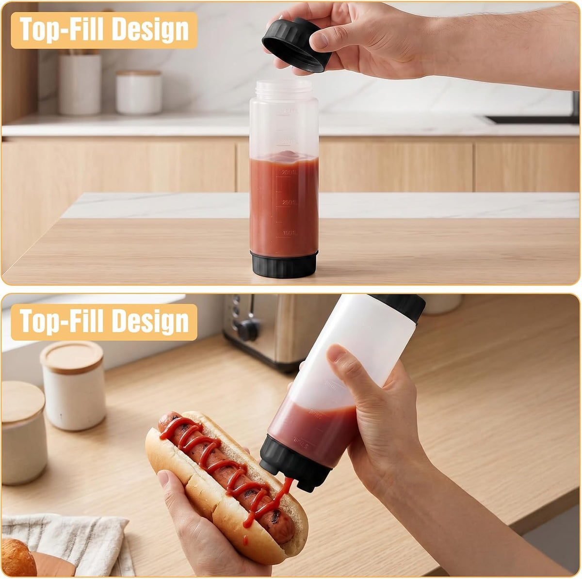 2 Pcs 16 oz Inverted Squeeze Bottles, Valve Condiment Dispenser (Black)