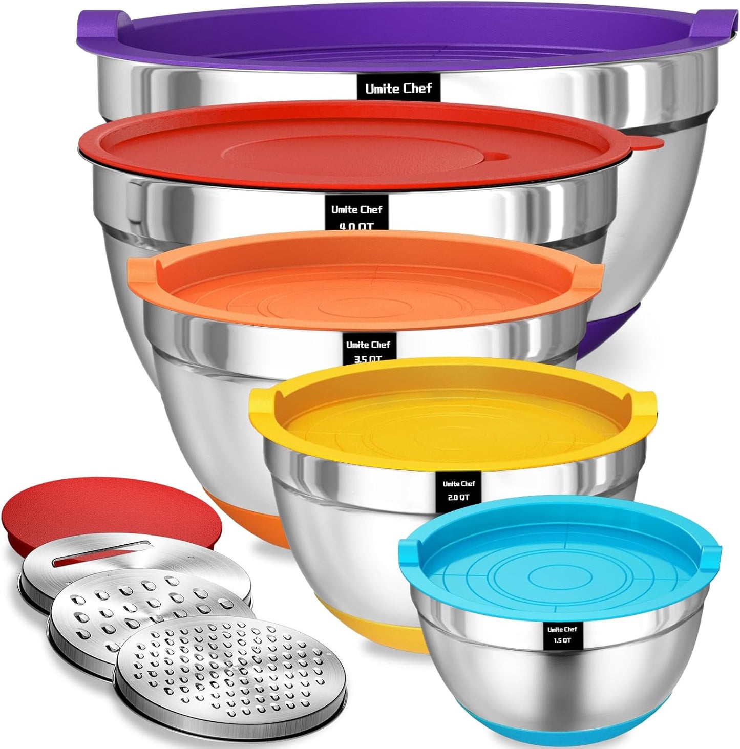 Umite Chef Mixing Bowls with Airtight Lids Set, 8PCS Stainless Steel Nesting Bowls with Grater Attachments, Non-Slip Bottoms, 5, 4, 3.5, 2, 1.5QT for Mixing & Serving