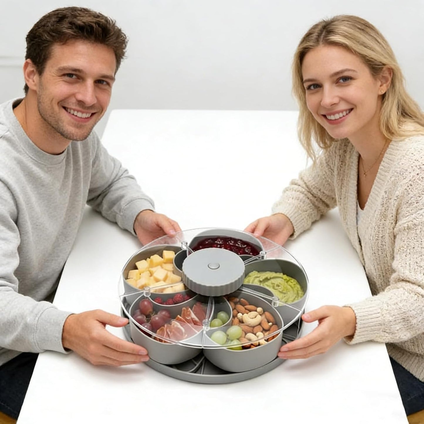Divided Serving Tray that Spins, Divided Spin and Snack Snack Spinner with Lid, Snackle Box Container, Rotating Lazy Susan Multi-Compartment Tray for Fruit, Nuts, Candy, Party & Picnic (Grey)