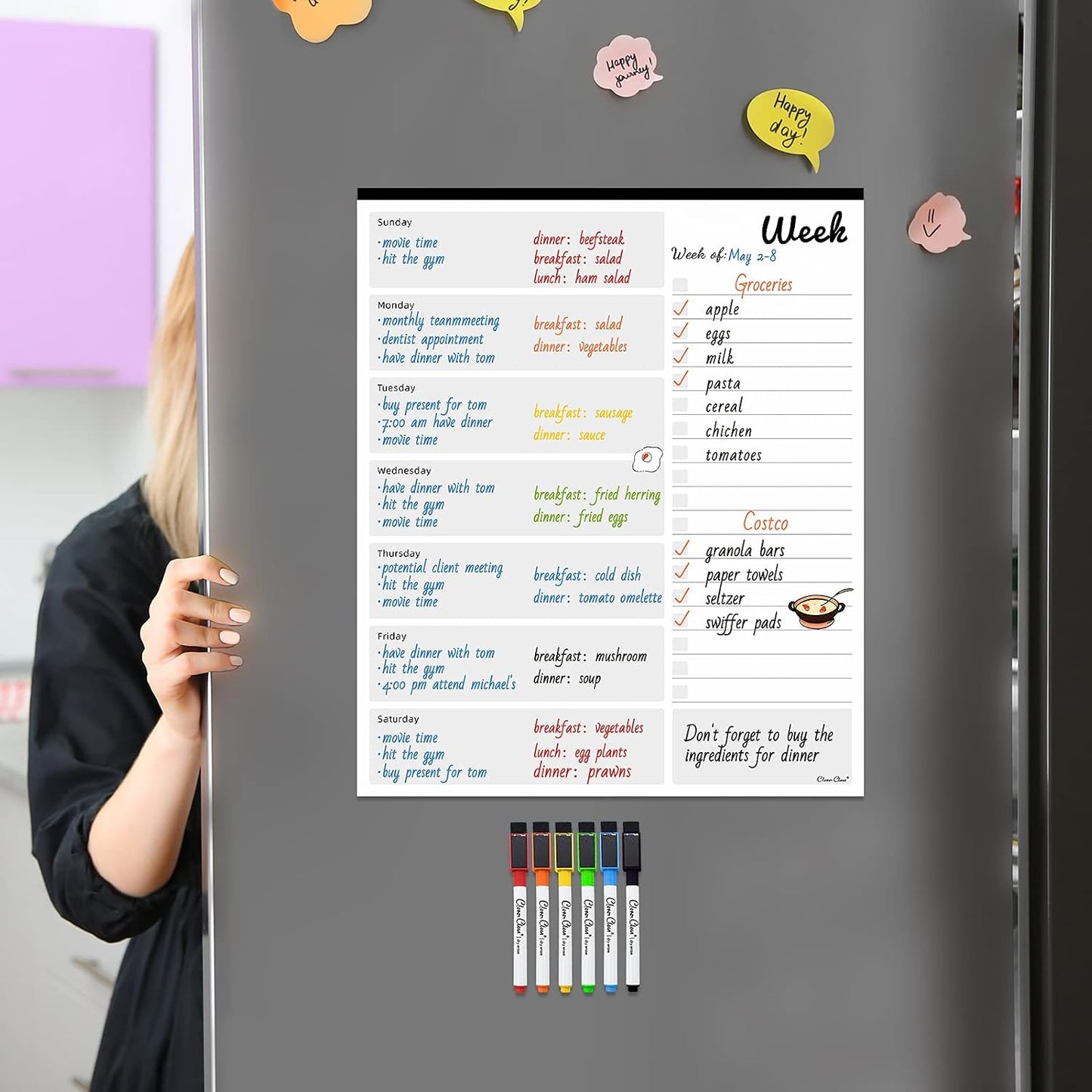 Magnetic Dry Erase Weekly Calendar - 10"x12" Weekly Dry Erase Calendar for Fridge - 6 Extra Fine Point Markers Included - Shipped Flat
