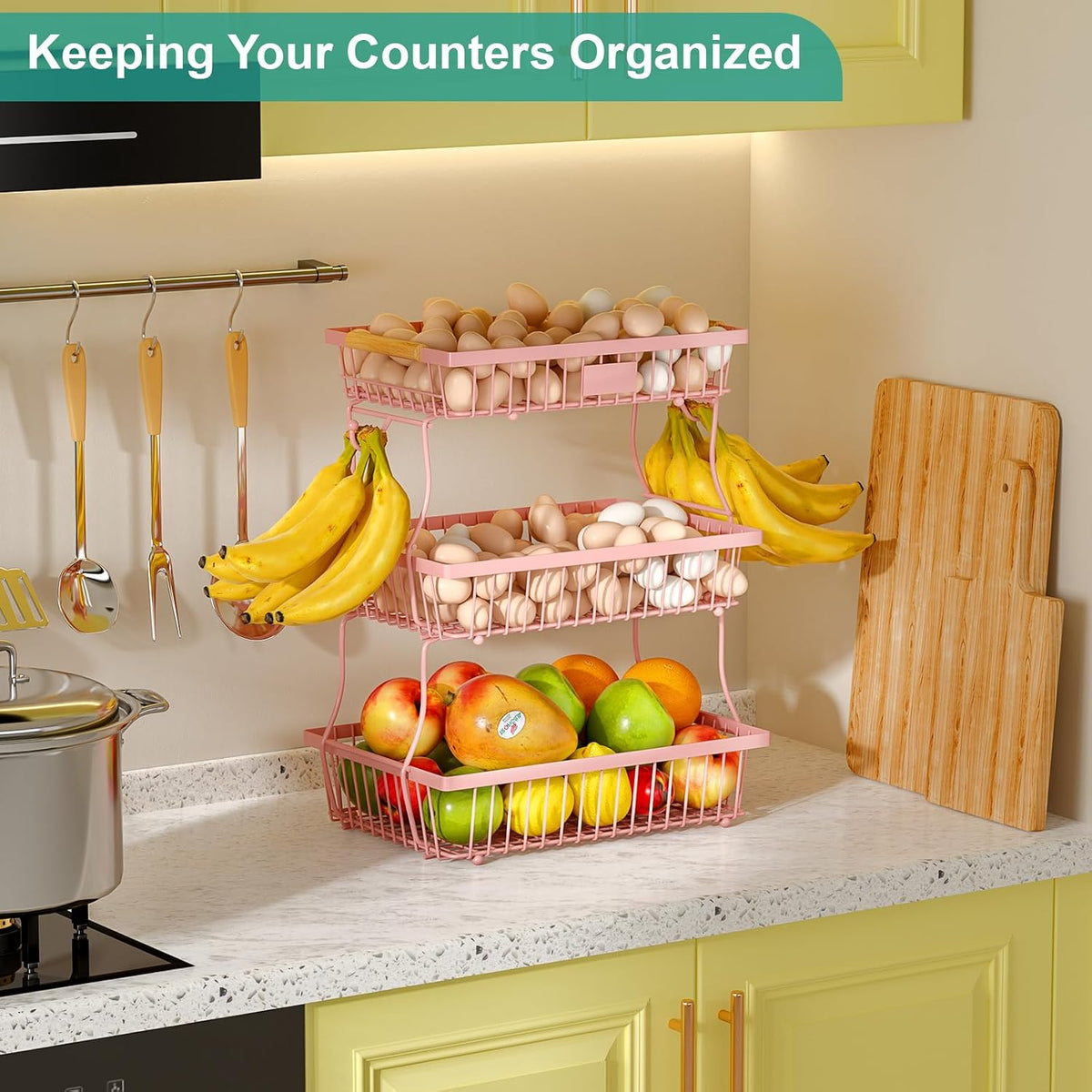 2 Tier Fruit Basket for Kitchen Counter with 2 Banana Hangers, Countertop Metal Bread Basket with Wooden Handle, Large Storage Stand for Vegetables, Snacks, Eggs, Produce Storage – Black