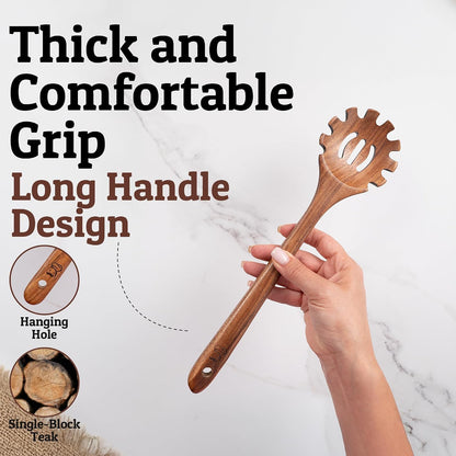 PriorityChef Wooden Slotted Spoon - Premium Teak Cooking Utensil for Frying, Straining & Serving - Long Handle Kitchen Spoon for Nonstick Cookware - Handcrafted Durable Wood
