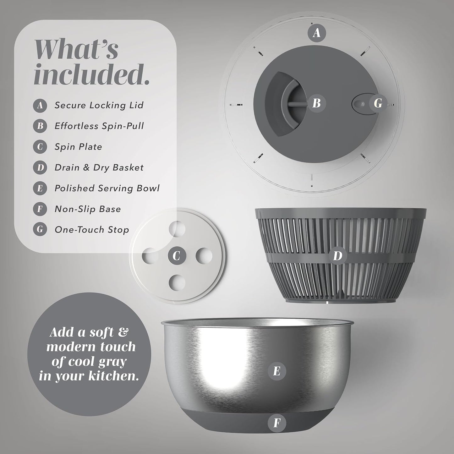 COOK WITH COLOR Stainless Steel Salad Spinner - 5 Qt. Lettuce Washer And Vegetable Spinner Dryer for Easy Salad Prep - Non Slip Base with Pull Handle - Auto Stop Brake System, Stain and Odor Resistant