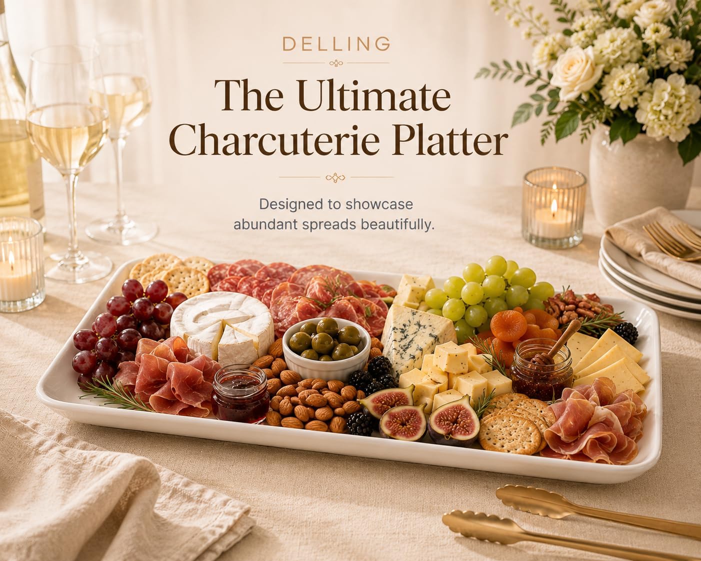DELLING Large Serving Platter Set of 3, 16/14/12 Inch Porcelain Serving Trays for Party - White Ceramic Rectangular Platters for Entertaining, Appetizer Fruit Tray for Father's Day Shower Dinner