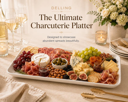 DELLING Large Serving Platter Set of 3, 16/14/12 Inch Porcelain Serving Trays for Party - White Ceramic Rectangular Platters for Entertaining, Appetizer Fruit Tray for Father's Day Shower Dinner