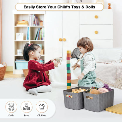 Ohmlove 4 Packs Storage Bins with Bamboo Lids - Plastic Storage Containers with Lids Stackable Storage Box：Storages Baskets for Organizing Desktop Closet Playroom Classroom Office,White
