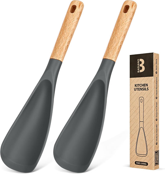 Cooking Spoon for Nonstick Cookwares, Great for Cooking and Serving Sturdy BPA-Free Matte Silicone, Wood Handle Spoon for Mixing, Scoop, and Scrape (Black & Grey, 11.4 inch)