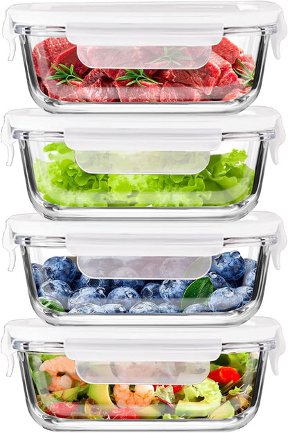 FEOOWV 4Pack 13oz/0.37L Glass Meal Prep Containers with Lids, Glass Storage Containers with Lids, BPA-Free, Pantry Organizers and Storage, Freezer to Oven Safe (Pink)
