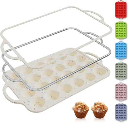 2 Packs 12 Cups Silicone Muffin Pan for Baking with Metal Reinforced Frame Regular Size Cupcake Pan Tray Egg Bites Silicone Cookie Molds Muffin Tin Tart Pans Sheet Set for Oven Dishwasher Safe