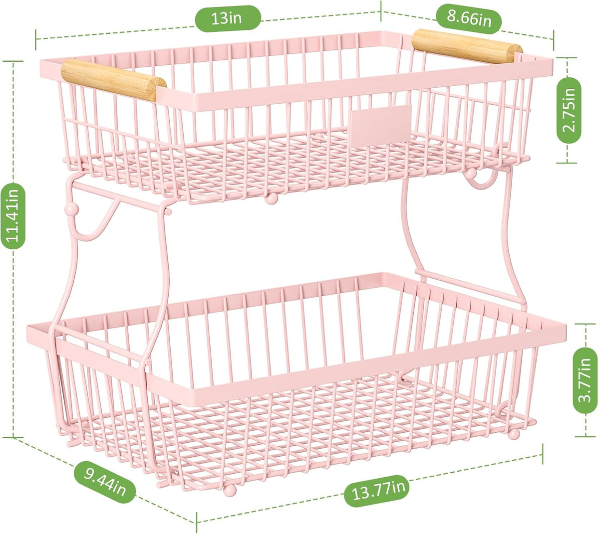 2 Tier Fruit Basket for Kitchen Counter with 2 Banana Hangers, Countertop Metal Bread Basket with Wooden Handle, Large Storage Stand for Vegetables, Snacks, Eggs, Produce Storage – Black