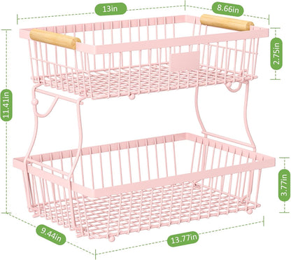 2 Tier Fruit Basket for Kitchen Counter with 2 Banana Hangers, Countertop Metal Bread Basket with Wooden Handle, Large Storage Stand for Vegetables, Snacks, Eggs, Produce Storage – Black