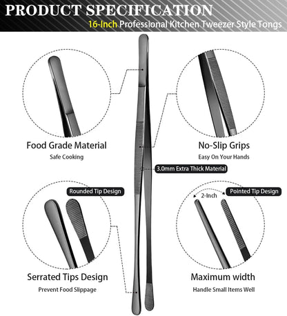 JETKONG 2 Pcs 12-Inch Kitchen Tweezers Tongs with Precision Serrated Tips, Stainless Steel Chef Tweezer Professional Cooking Tweezers for BBQ, Plating and Serving (12-Inch, Black)
