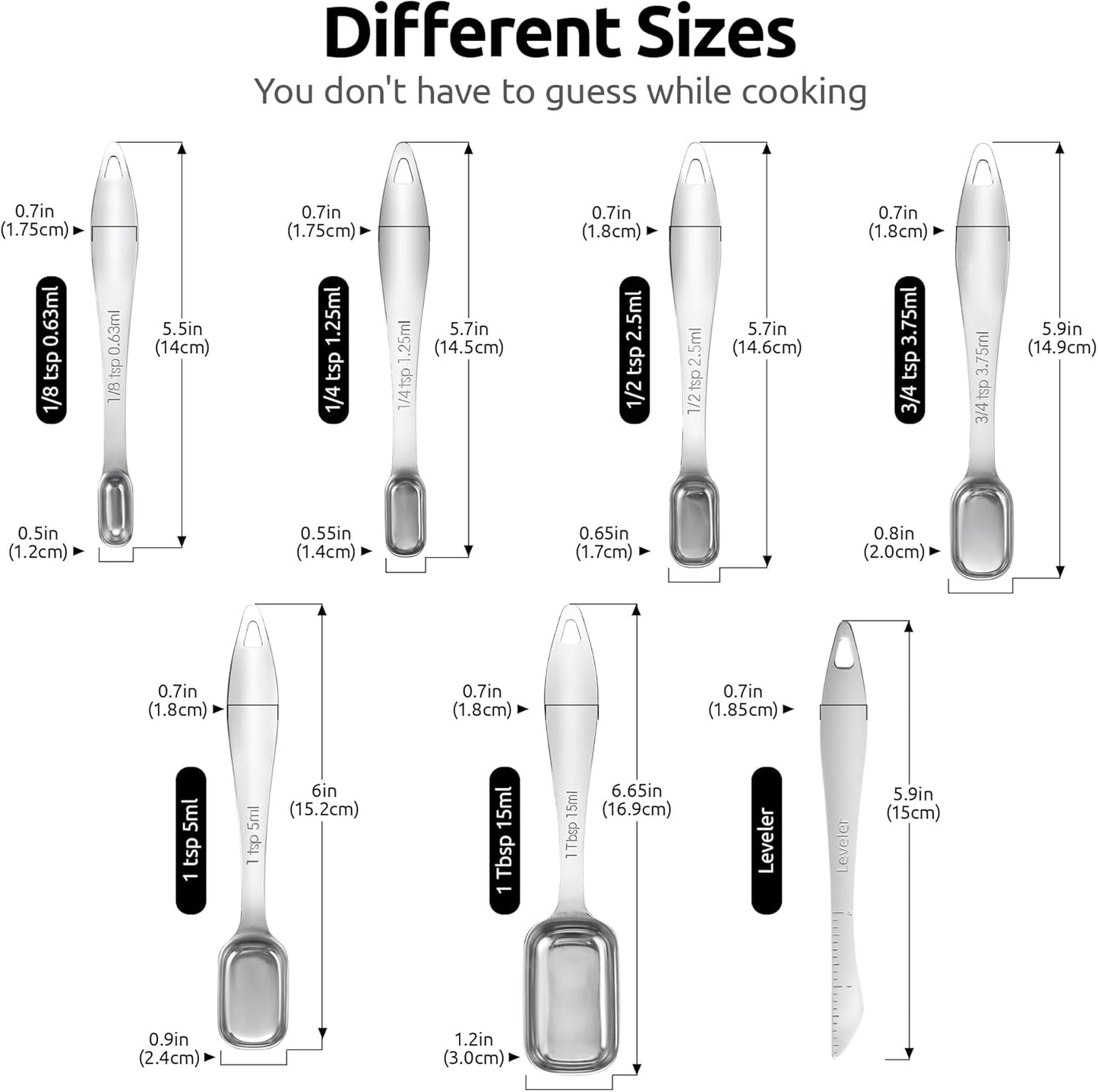 Measuring Spoons: U-Taste 18/8 Stainless Steel Measuring Spoons Set of 9 Piece: 1/16 TSP, 1/8 TSP, 1/4 TSP, 1/3 TSP, 1/2 TSP, 3/4 TSP, 1 TSP, 1/2 tbsp & 1 tbsp Dry and Liquid Ingredients