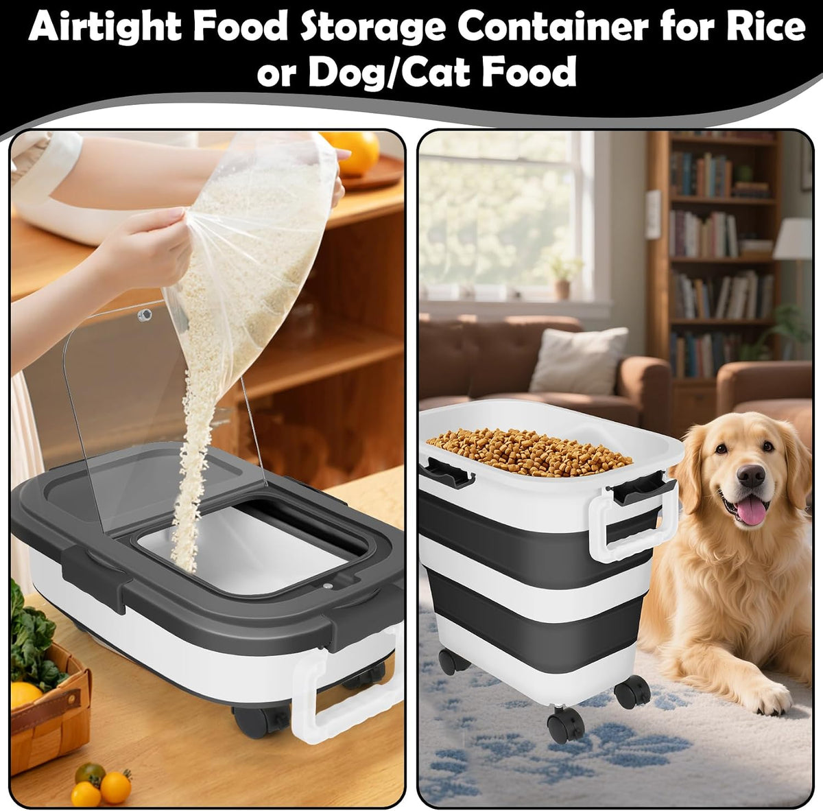 Dog Food Storage Container, 25Lbs Large Collapsible Pet Cat Food Container with Airtight Lids Wheels Handle Scoop Measuring Cup Small Container, Rice Kitchen Dry Food Storage Dispenser Bin (Black)