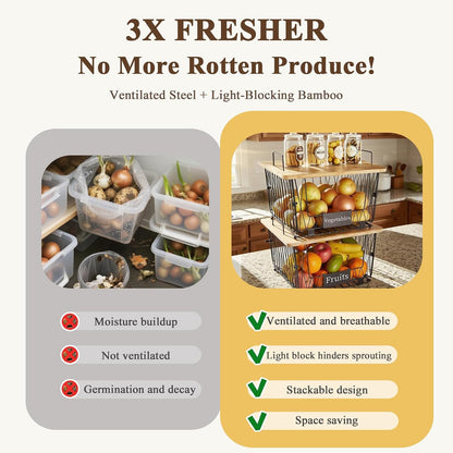 【XXL Big Size】 2 Pack Stackable Wire Storage Baskets with Wood Lid- Kitchen Countertop Organizer for Fruit Vegetable -Large Metal Bin for Pantry Organization and Storage, Black