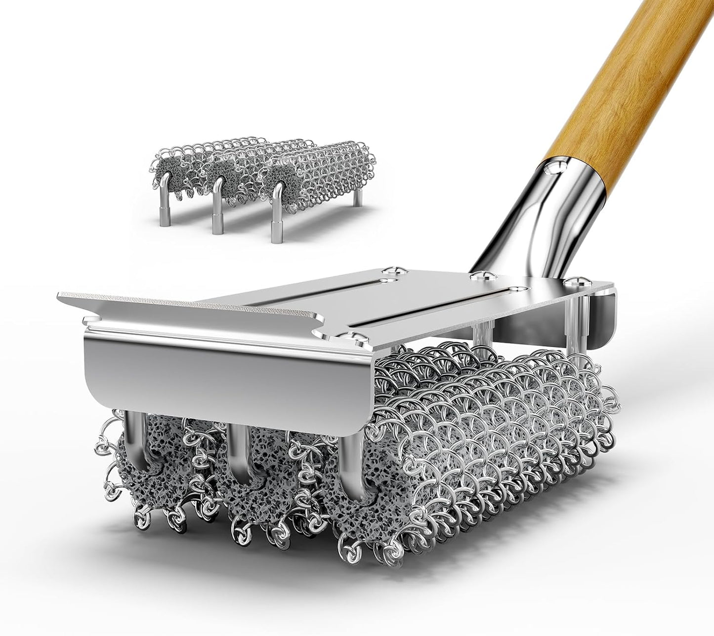 HOUSE AGAIN Grill Brush Bristle Free, 304 Stainless Steel Food-Grade Brush Head with Scraper, Safe BBQ Outdoor Grill Cleaning Brush Strong Barbecue Brush Cleaner Non Wire for Grill Grate/Wooden Handle