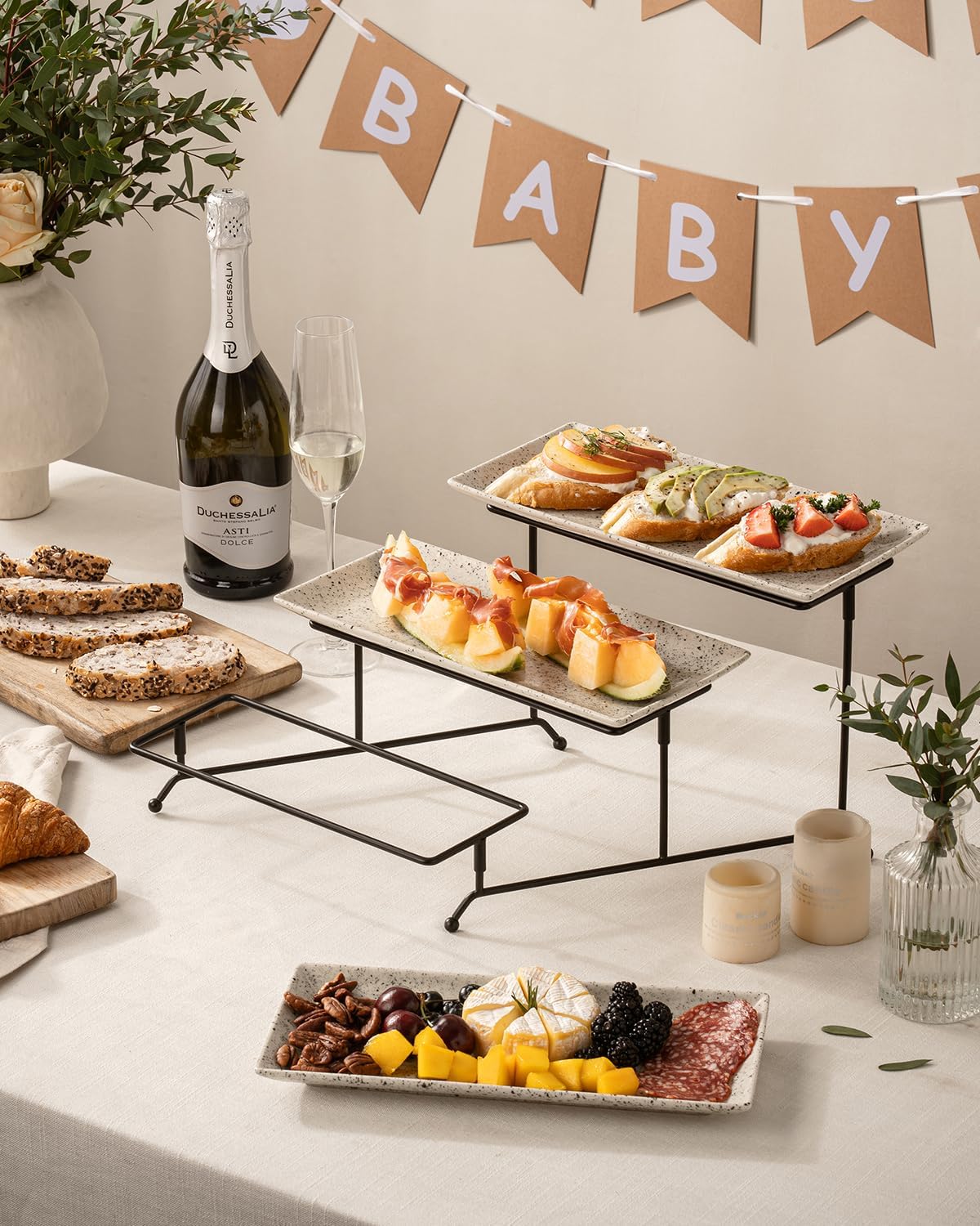 LAUCHUH 3 Tier Serving Tray, Porcelain Serving Platter Tier Serving Stand with Collapsible Sturdier Rack, Serving Trays and Platters Dessert Party Display Set for Father's Day, Gold, 12 Inch