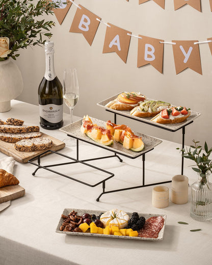 LAUCHUH 3 Tier Serving Tray, Porcelain Serving Platter Tier Serving Stand with Collapsible Sturdier Rack, Serving Trays and Platters Dessert Party Display Set for Father's Day, Gold, 12 Inch