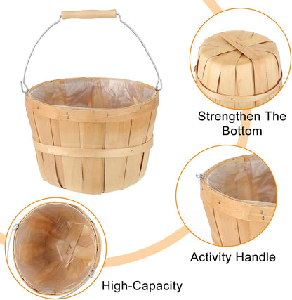 COMNICO 2 Pack Round Wooden Baskets, Handwoven Empty Wood Fruit Buckets with Metal Handle Natural Color Easter Basket for Garden Home Party Market Supplies