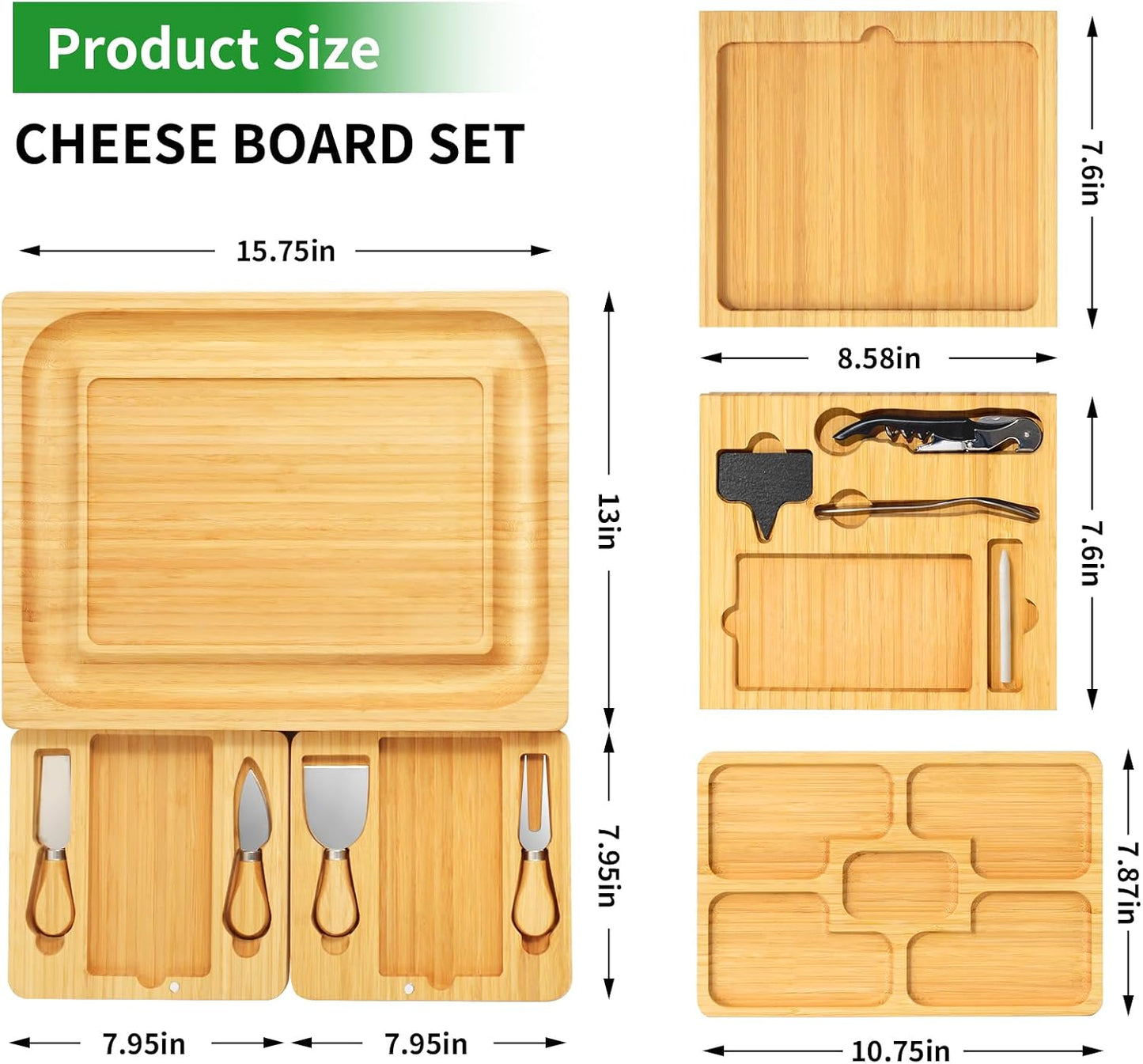 Bamboo charcuterie boards Gift Set - Serving Meat Cheese Board, Charcuterie Board Set with 4 Stainless Steel Cheese Knife, Ideal for House Warming Gifts New Home, Christmas, Bridal Shower Gift