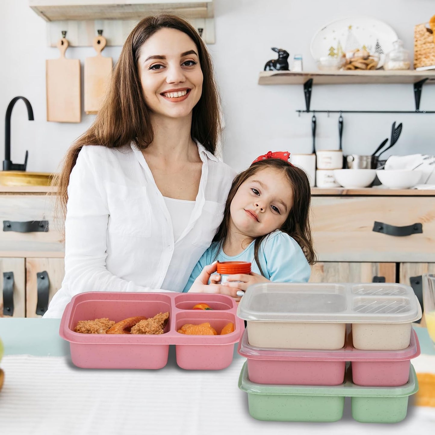 8-Pack 3 Compartment Meal Prep Containers with Lids, Wheat Straw Plastic, Microwave/Dishwasher/Freezer Safe, Stackable