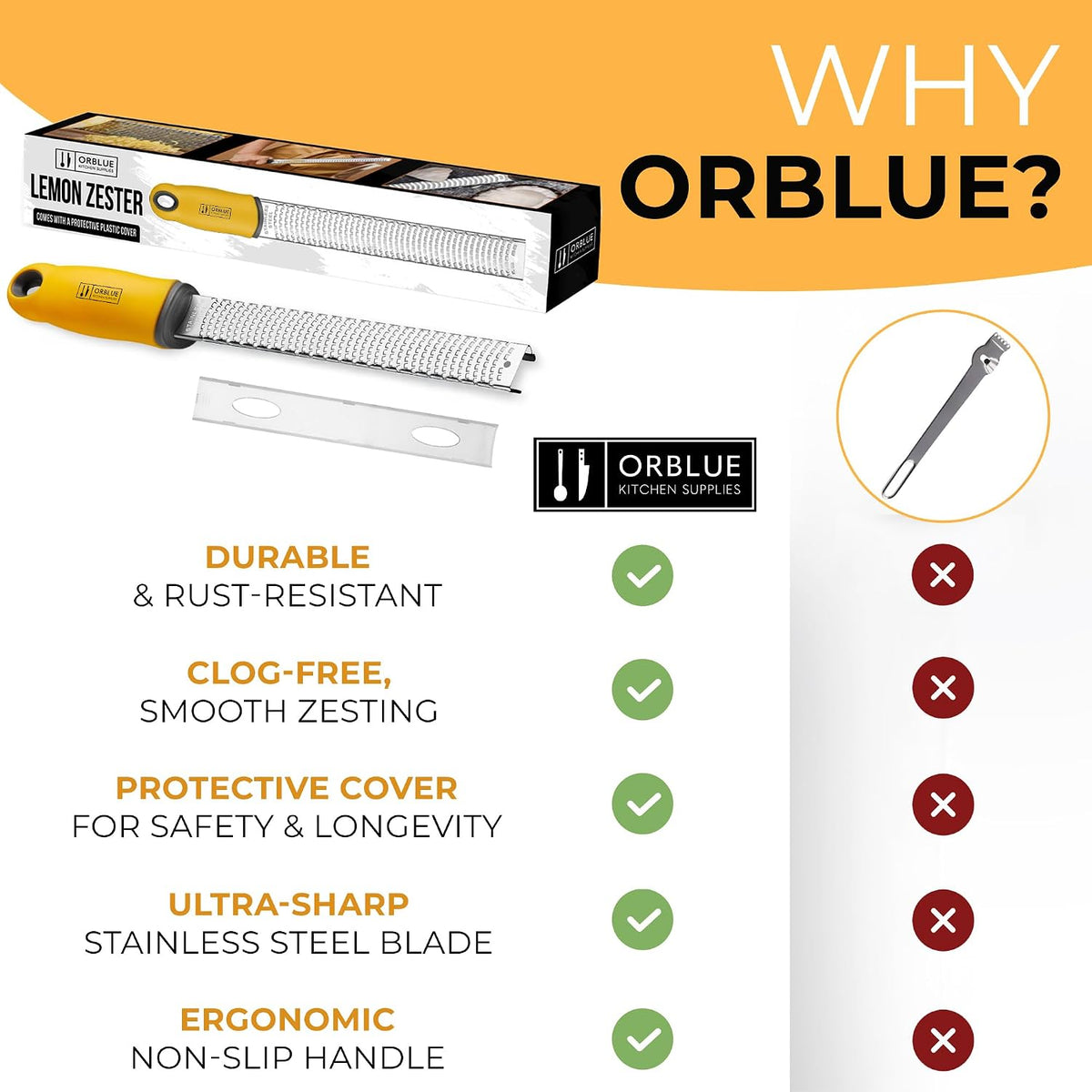 Orblue Lemon Zester & Cheese Grater - Premium Citrus Zester, Kitchen Grater for Parmesan, Chocolate, Fruits, Vegetables, Ginger, Garlic, Nutmeg - Stainless Steel Blades with Protective Cover, Gray