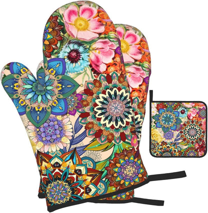 Boho Floral Oven Mitts and Pot Holders Sets of 3, Cute Baker Stuff