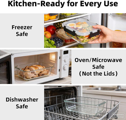 Konokyo Square Glass Food Storage Containers with Lids, 12 Pack Airtight Leakproof Meal Prep Containers, BPA-Free, Microwave Oven Freezer & Dishwasher Safe, Assorted Sizes