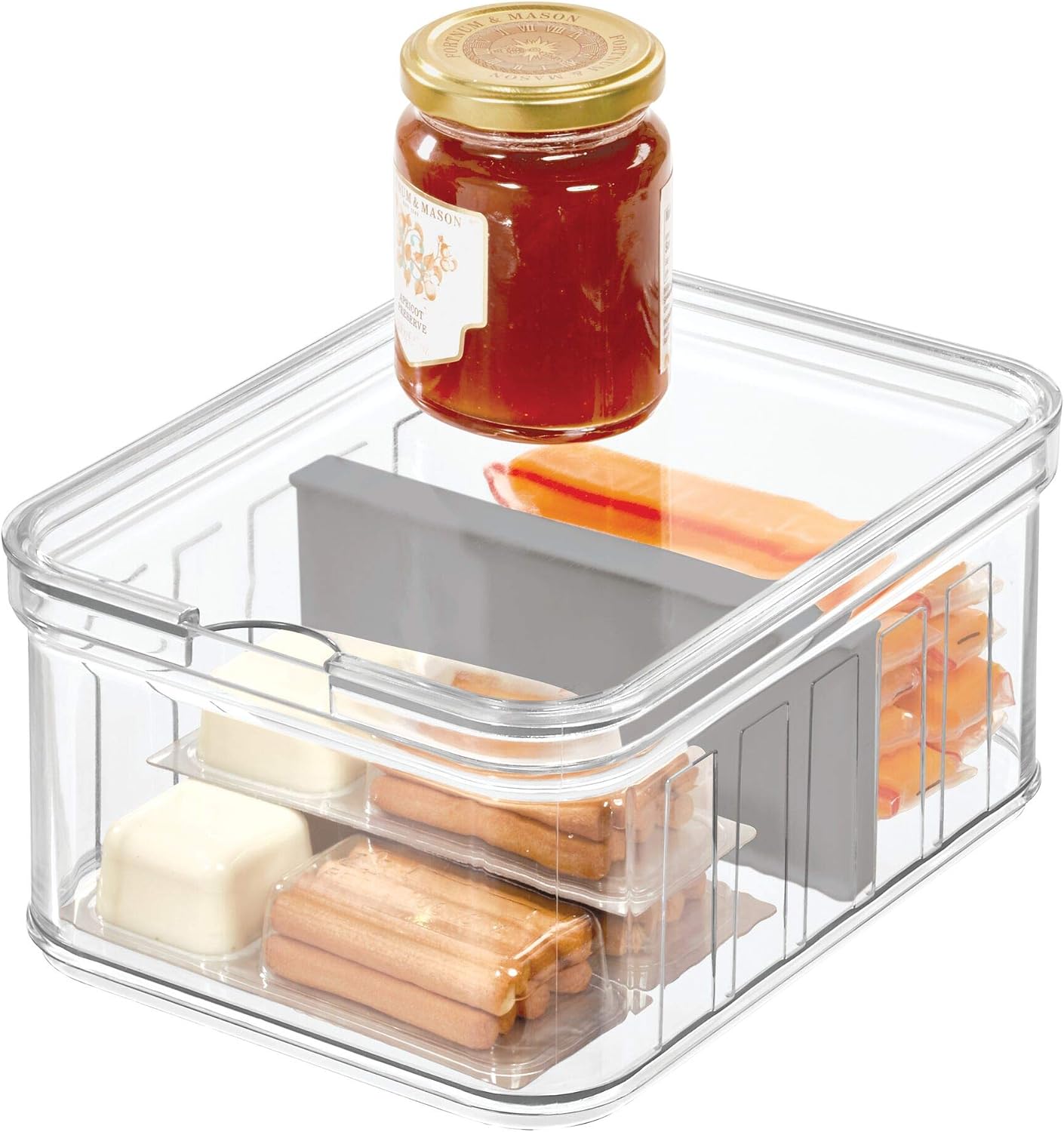 iDesign Small Fridge Organizer Bin with Removable Divider and Lid - Set of 6 - Clear/Gray