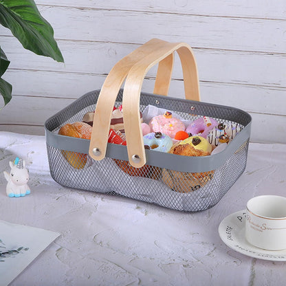 AJIODA Metal Mesh Steel Basket, Storage Organizer Basket Garden Harvest Basket Multi-functional Kitchen Fruit Baskets Bin with Wooden Handle for Bathroom Picnic Shopping Decor Cabinet Home, Pink