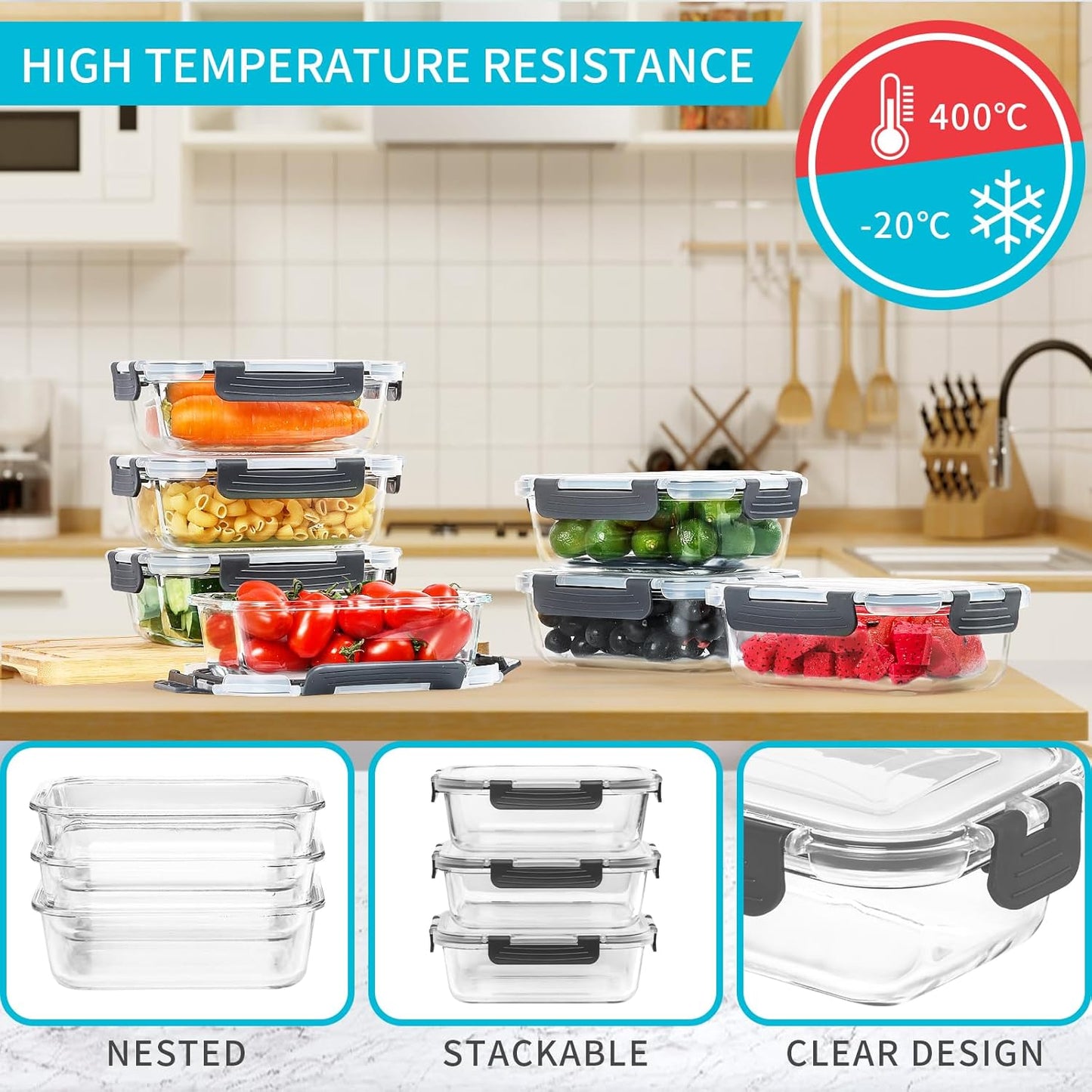 Skroam 5-Packs 36OZ Glass Food Storage Containers with Lids Airtight, Glass Meal Prep Container for Lunch, Pantry Organizers and Storage, Glass Lunch Boxes for Freezer to Oven Safe, Leak Proof