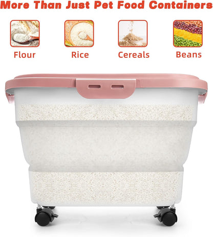 Dog Food Container, Collapsible Pet Food Storage Container 17-20 lb with Rolling Wheels & Airtight Lid, Plastic Storage Bin With Dog Food Scoop and Measuaring Cups