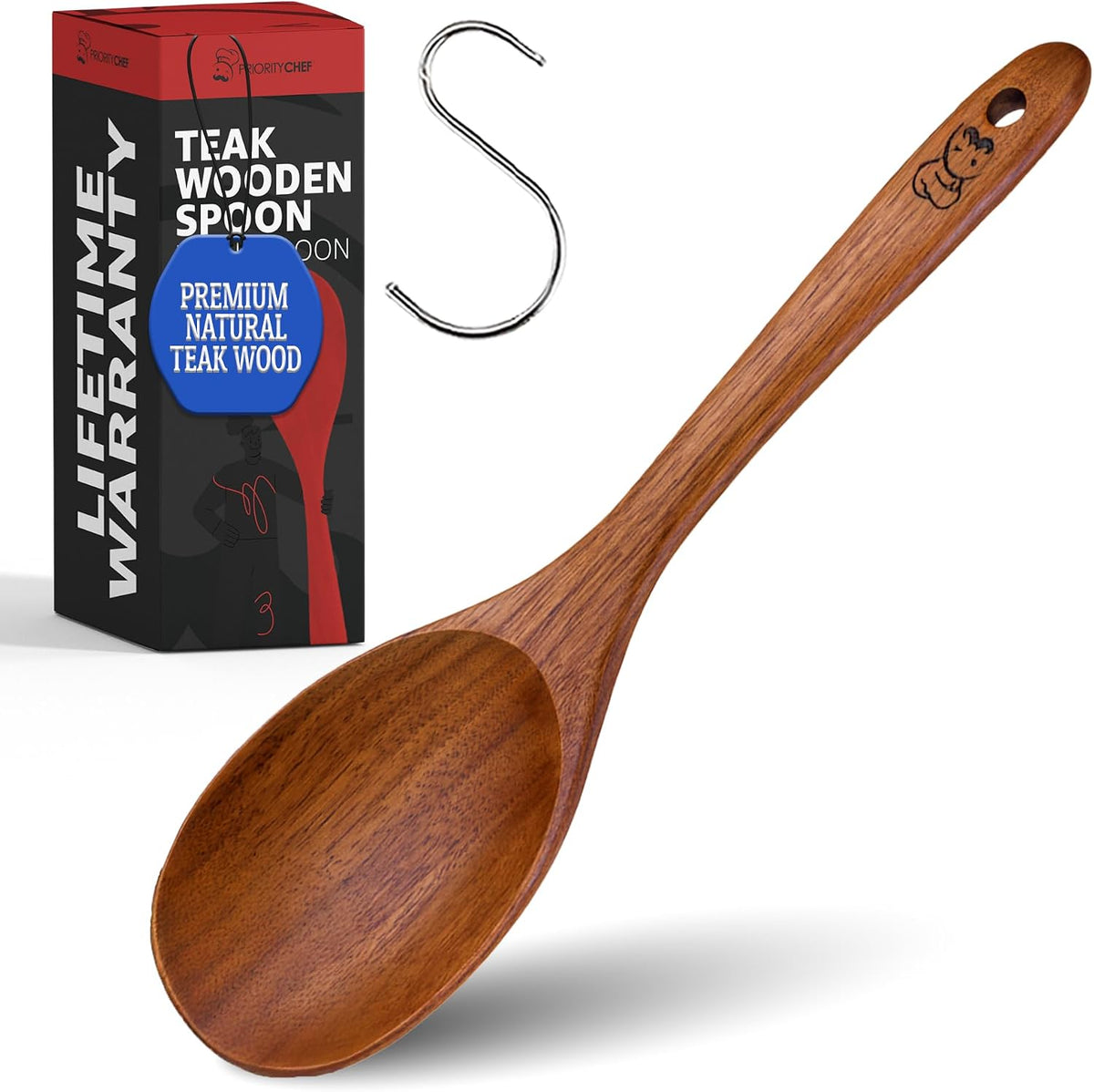 PriorityChef Wooden Slotted Spoon - Premium Teak Cooking Utensil for Frying, Straining & Serving - Long Handle Kitchen Spoon for Nonstick Cookware - Handcrafted Durable Wood