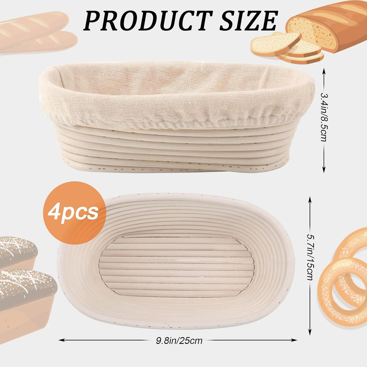Nalcant 4 Pack Oval Banneton Proofing Basket Set, 10 Inch