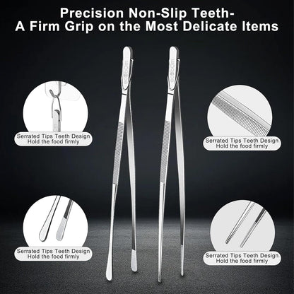 2 Pcs 12-Inch Stainless Steel Kitchen Tweezers, Dual-Tip Serrated Tongs with Hook - Heat-Resistant Non-Slip Cooking Tweezers for BBQ, Grilling, Plating & Serving