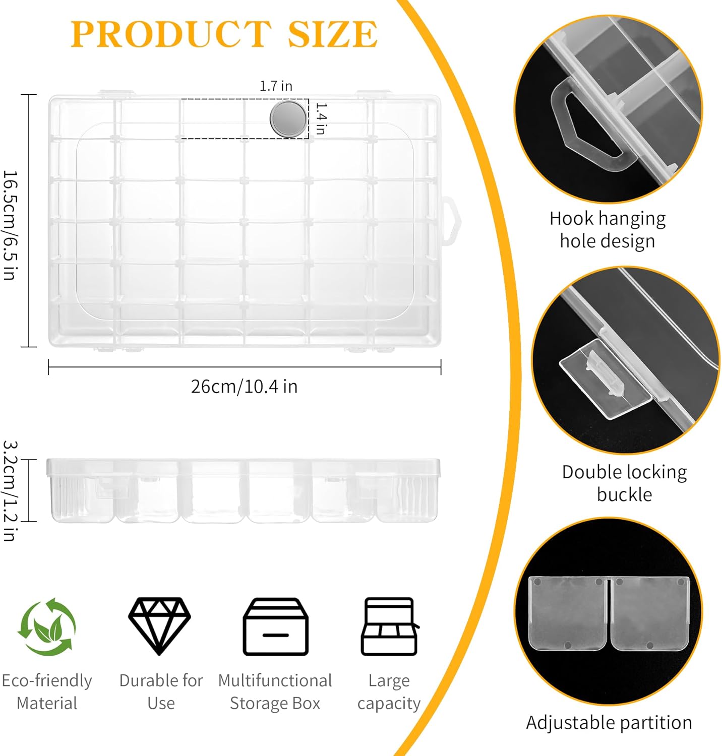 3 Pcs 36 Large Grids Clear Plastic Organizer Box with Adjustable Dividers,Multipurpose Fishing Tackle Box Craft Organizers Box for Bead,Jewelry,DIY Crafts,Art,Small Items Storage 3pack