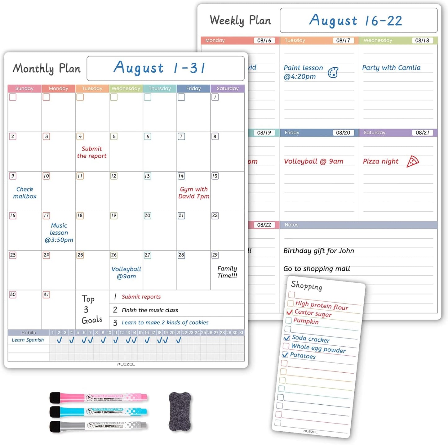 ALEZEL Magnetic Fridge Calendar Whiteboard, Dry Erase Refrigerator Calendar Set (3 Boards) - Magnetic Weekly Calendar for Fridge, Dry Erase Calendar, Grocery List White Board, 3 Markers + Eraser