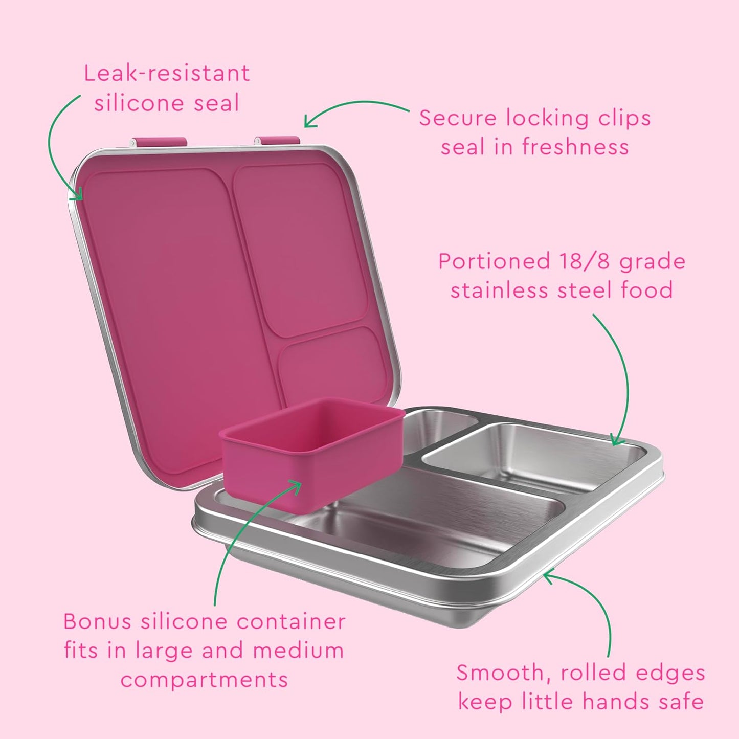 Bentgo Kids Stainless Steel Leak-Resistant Lunch Box - 3-Compartments with Bonus Silicone Container, Durable, Eco-Friendly, Dishwasher Safe, BPA-Free, Ideal for School, Ages 3+ (Silver)