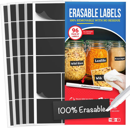 MESS Erasable Kitchen Labels, 96-Pack (1x3 & 1.5") – White Dry Erase Stickers for Pantry, Jars, Food Containers, Fridge & Freezer