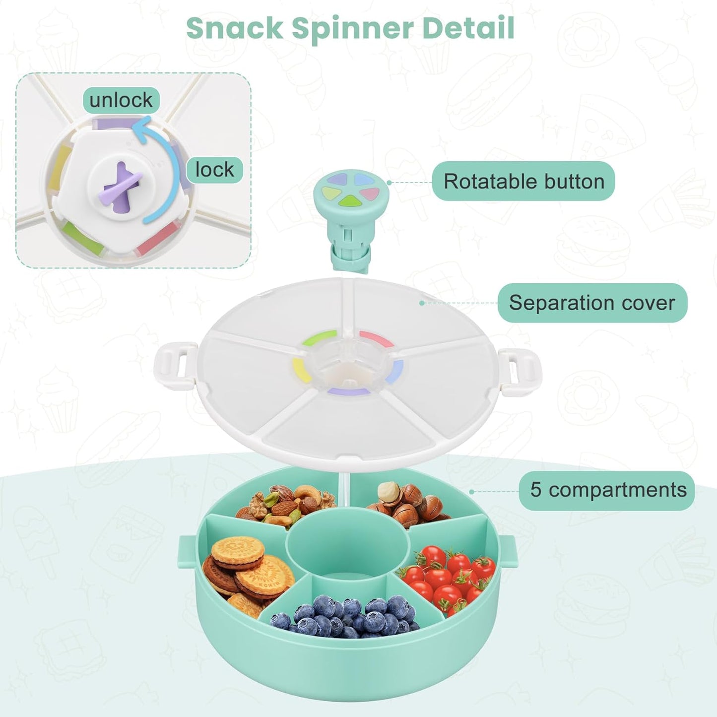 Pawtong Snack Rotator Container Reusable Snack Box with 5 Compartment Dispenser and Lid, Color Matching Opening Lid, BPA and PVC Free, for Home, School, Travel (1 Pack- Pink)
