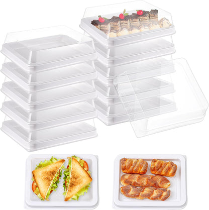 Tessco 12 Pcs Plastic Serving Trays with Lids Disposable Catering Trays 12.4 x 9.45 x 2.76 Inch Reusable Plastic Party Platters Charcuterie Board Box with Lids for Cookie Sandwich Christmas(Black)